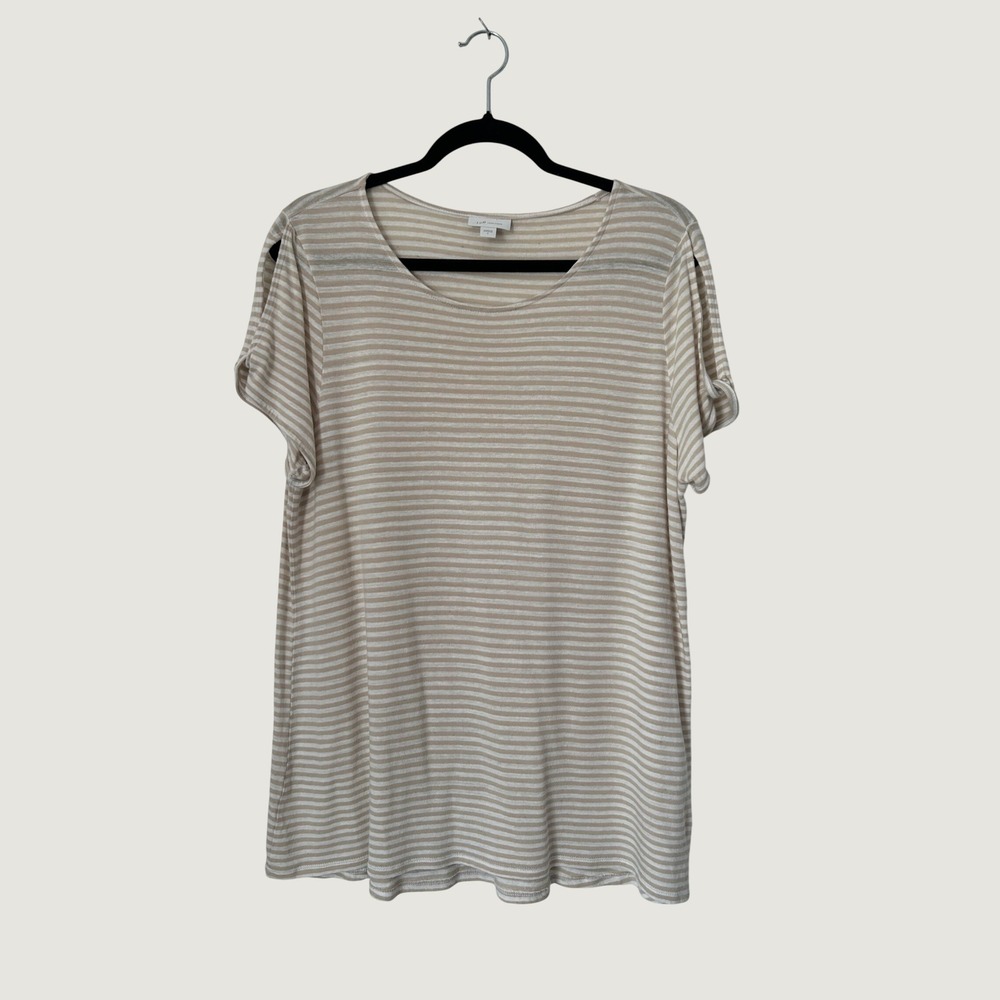 J. Jill Love Linen Top Womens Large Tan White Striped Split Knot Sleeve Tee